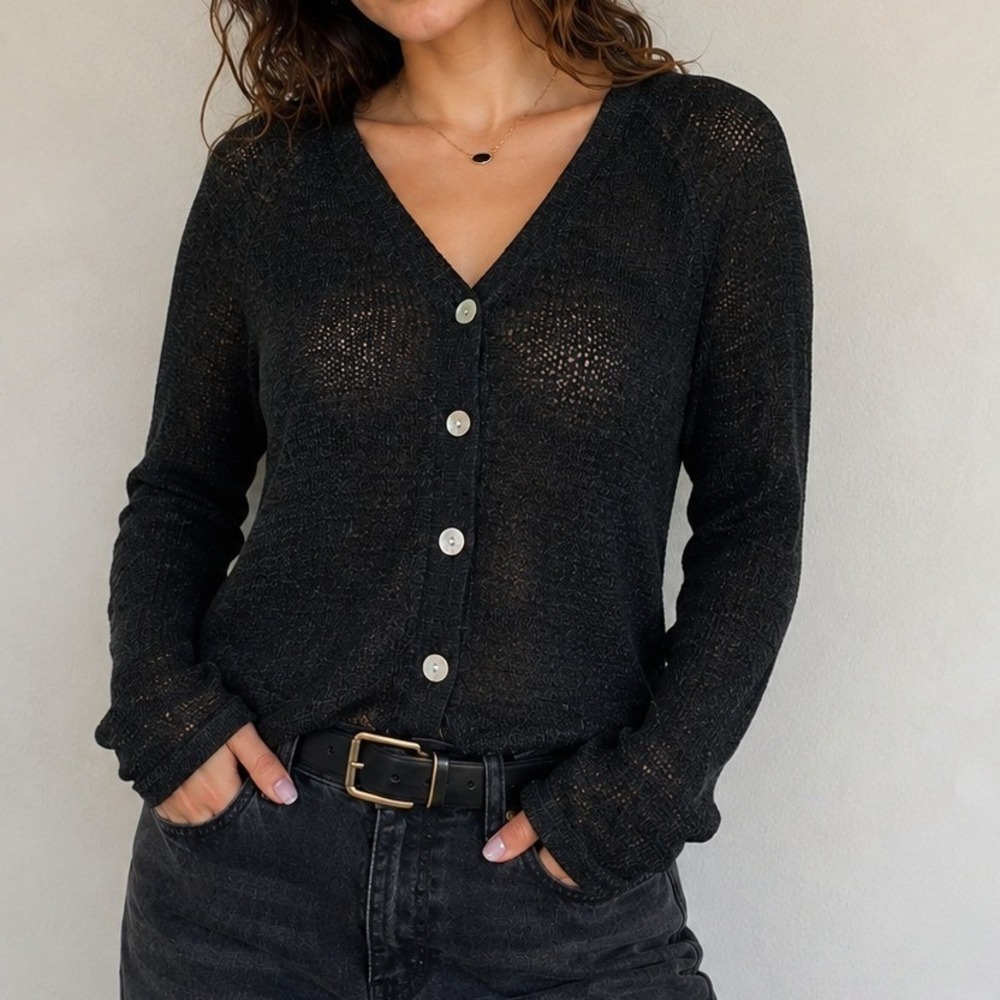 Dark Academia Goth Lightweight Black Sheer Open Knit V-Neck Cardigan Sweater L